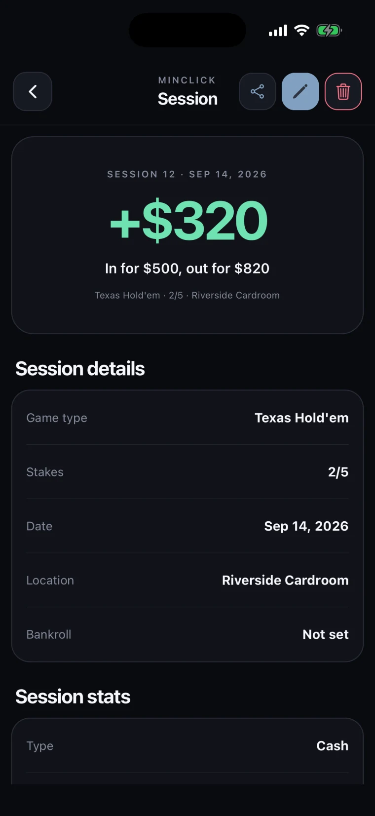 minclick session detail screen with result and game information